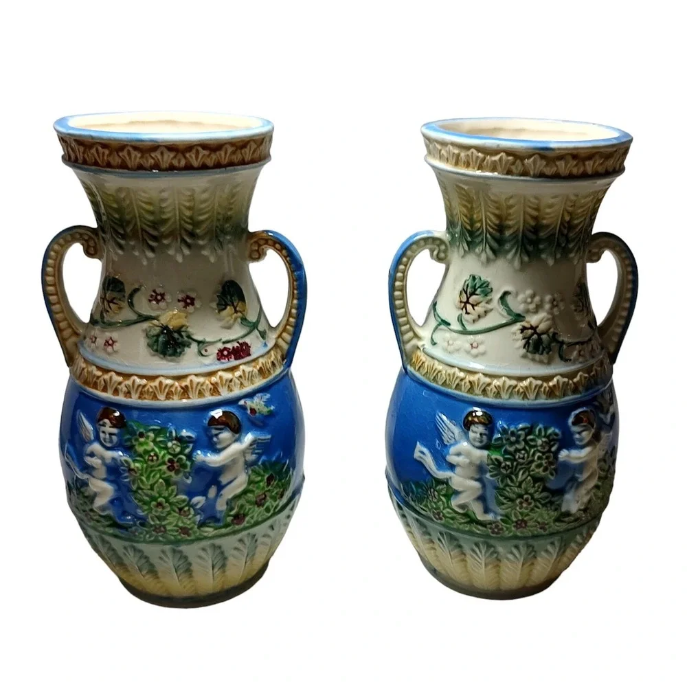 Vintage Japanese Majolica Porcelain Vase Cherubs 7.25 in Hand Painted Lot of Two